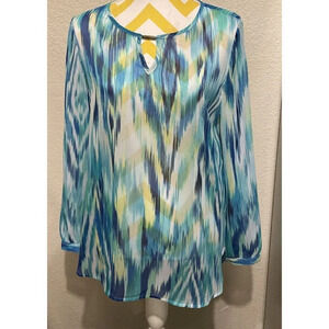 Chico’s 1 US Size 8 Sheer Blouse Top‎ Long Sleeve Blue White Abstract Design